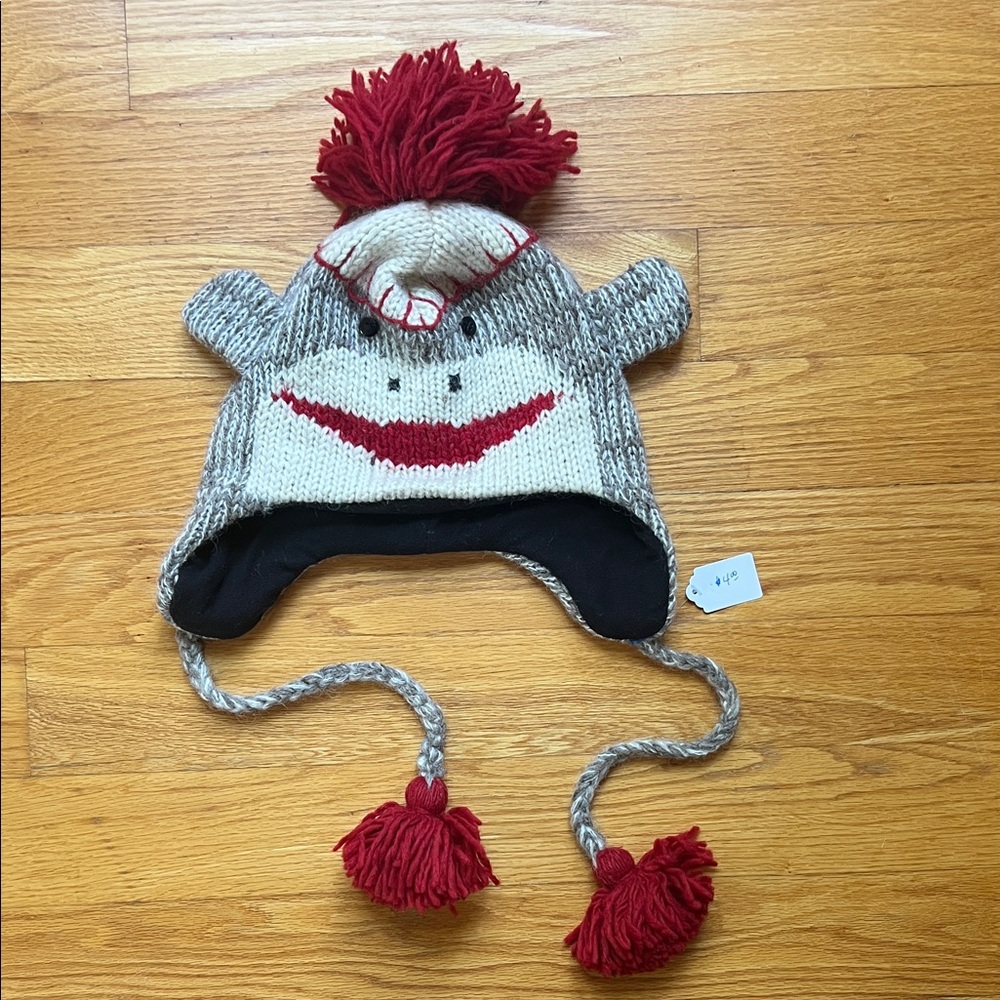 Sock Monkey Knit Hat Red Pom Poms Adult Teen Kids wool handmade winter crazy hat